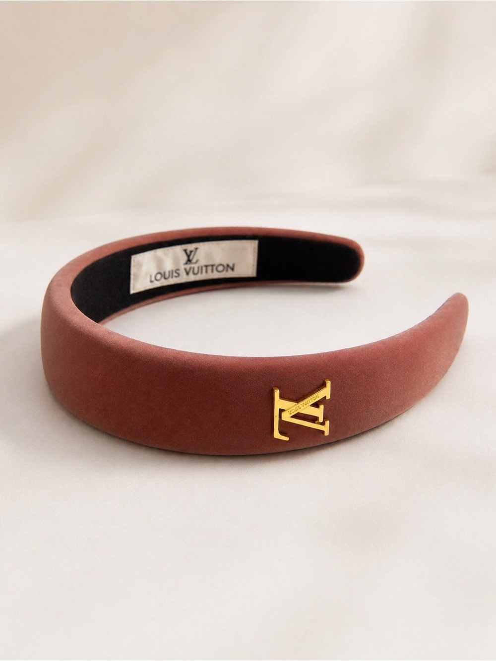 Louis Vuitton Rust-Brown Padded Headband with Gold LV Emblem